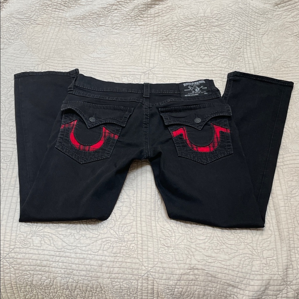 True Religion Black Jeans with Red and Black Plaid Flannel Embellishments